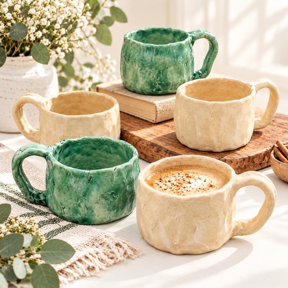 Handmade Rustic Ceramic Mugs Large Textured Pottery Coffee Cups Green Cream Set